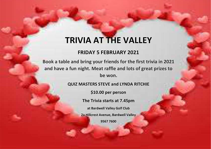 Book a table and bring your friends for the first trivia in 2021 and have a fun night. Meat raffle and lots of great prizes to be won.